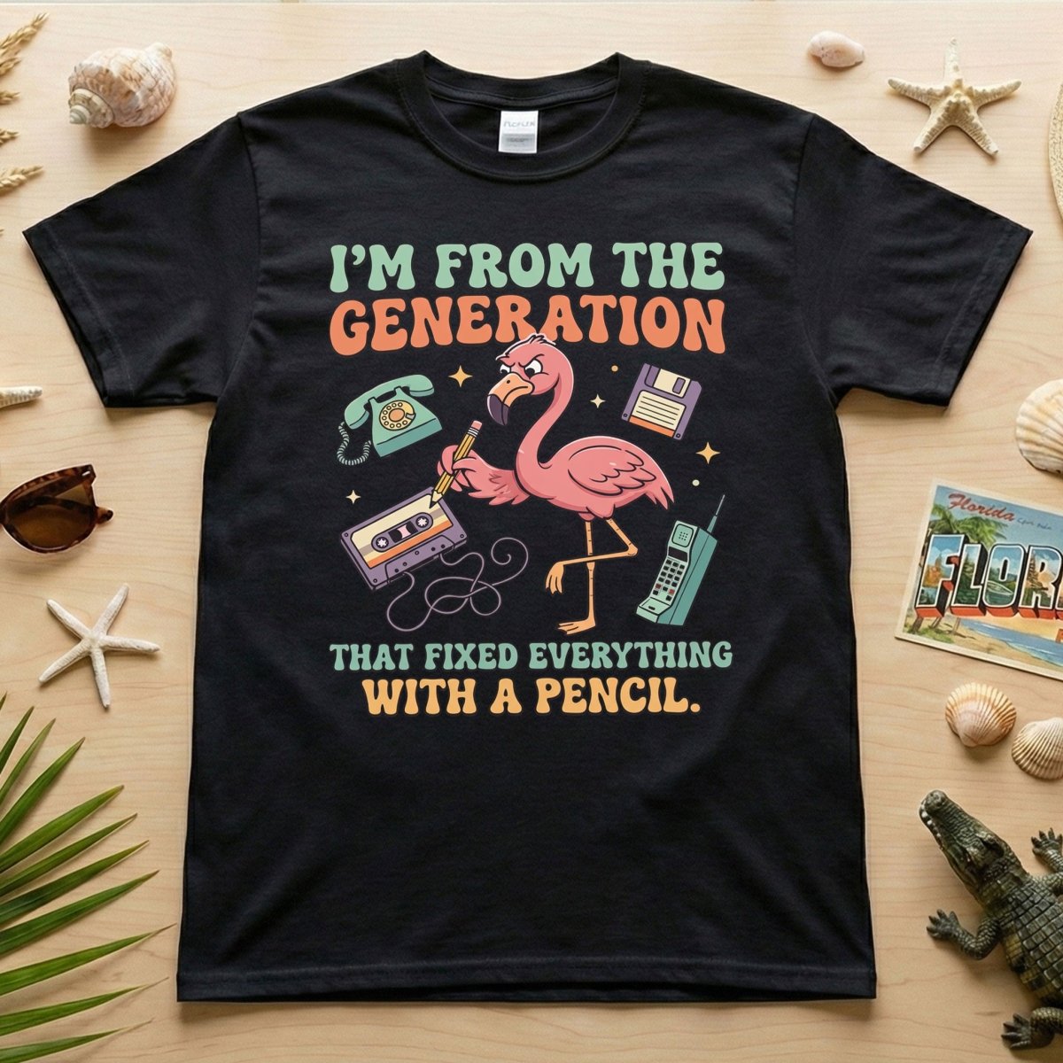 Retro Gen X Funny Flamingo Fixed Everything With A Pencil Vintage T Shirt Gift For Flamingo Lover