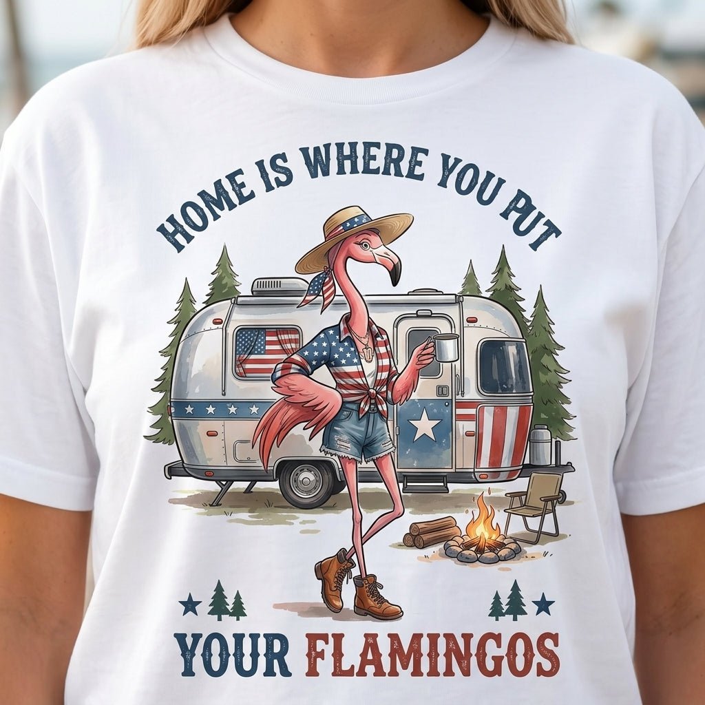 Home Is Where You Put Your Flamingos RV Camping Patriotic Shirt T Shirt Gift For Flamingo Lover