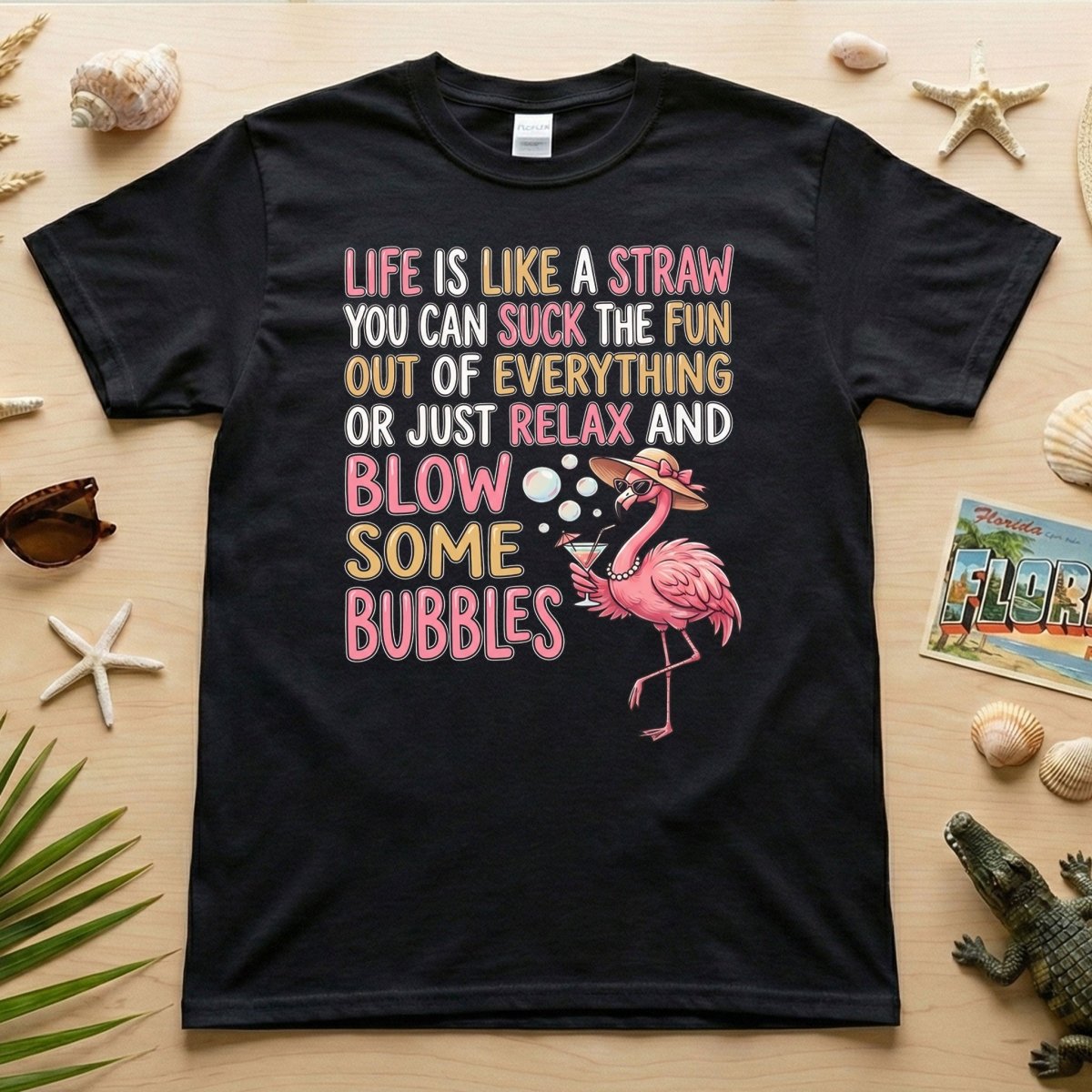 Life Is Like A Straw Blow Bubbles Flamingo Funny Tropical Summer Vacation T Shirt Gift For Women