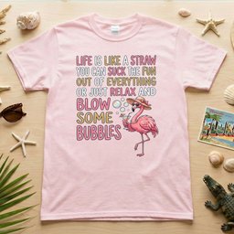 Life Is Like A Straw Blow Bubbles Flamingo Funny Tropical Summer Vacation T Shirt Gift For Women