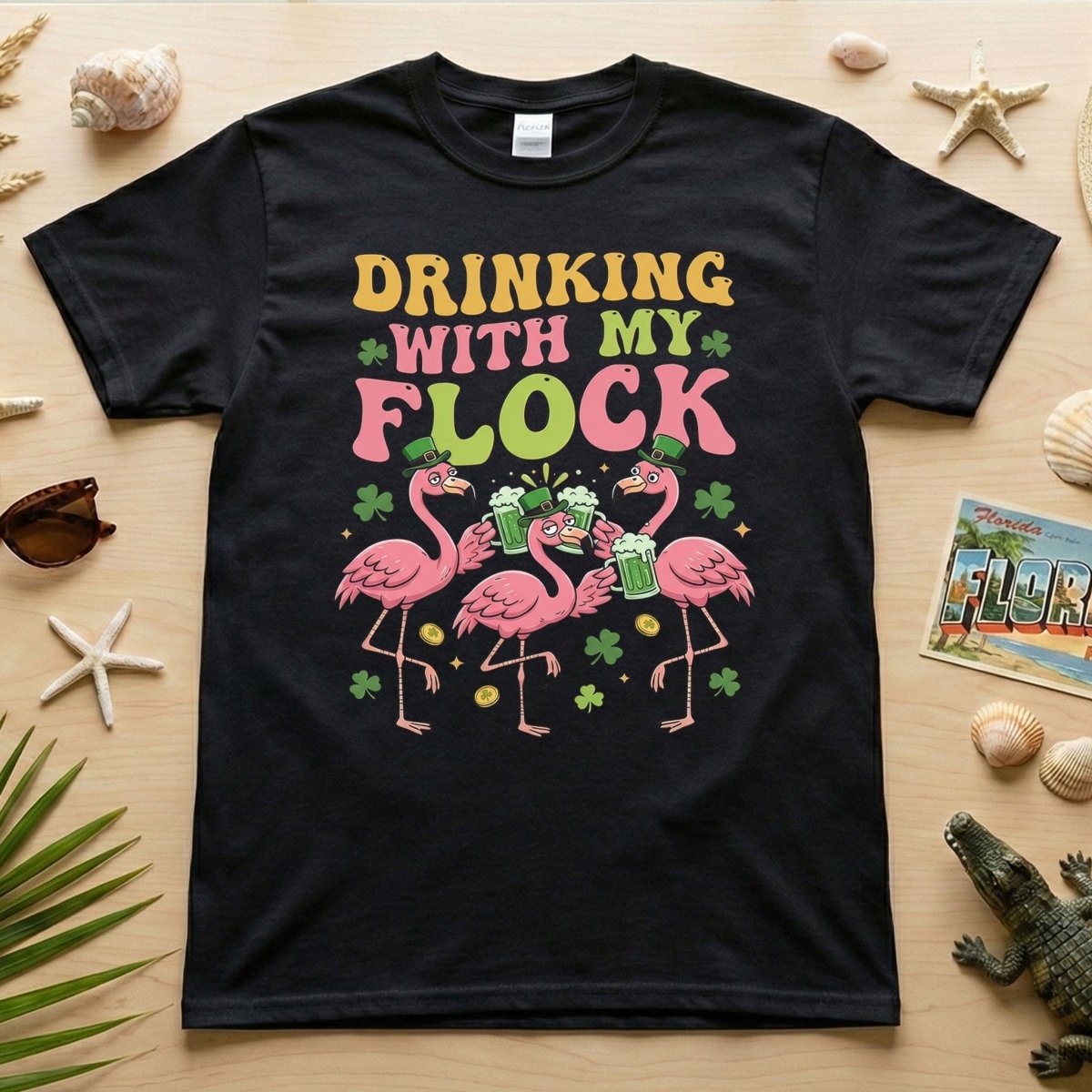 Funny St Patricks Days Day Flamingo Drinking Shirt Drinking With My Flock T Shirt Gift For Women