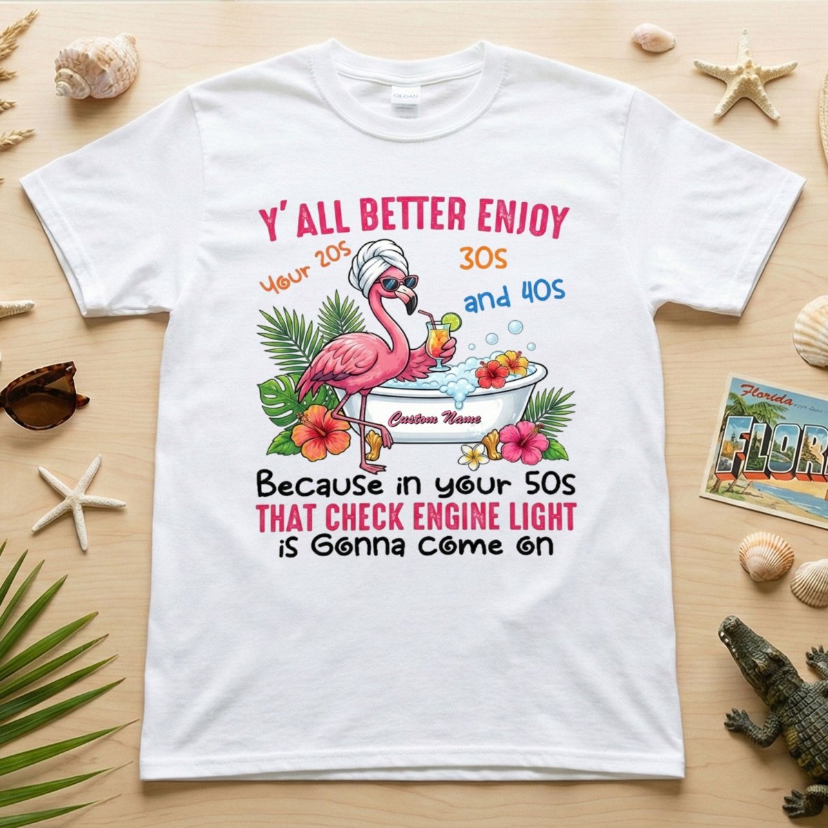 Hilarious Personalized 50th Birthday Flamingo Shirt Check Engine Light Humor Gift For Her T Shirt