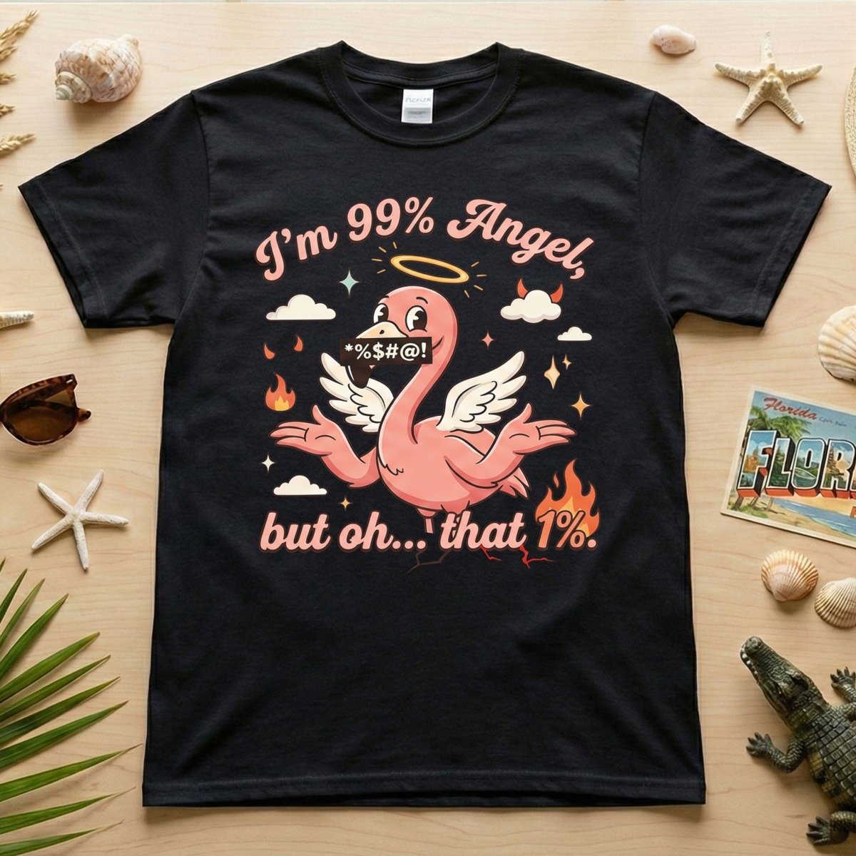 Sassy Flamingo Im 99 Percent Angel Graphic T Shirt Funny Retro Humor Tee For Women Gift For Women