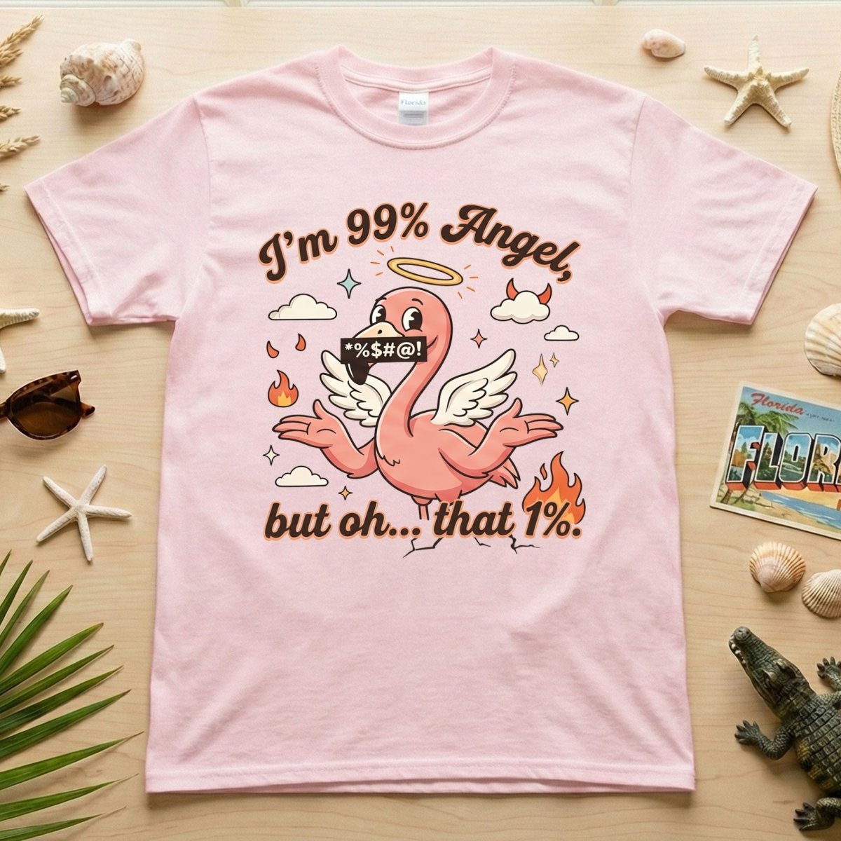 Sassy Flamingo Im 99 Percent Angel Graphic T Shirt Funny Retro Humor Tee For Women Gift For Women