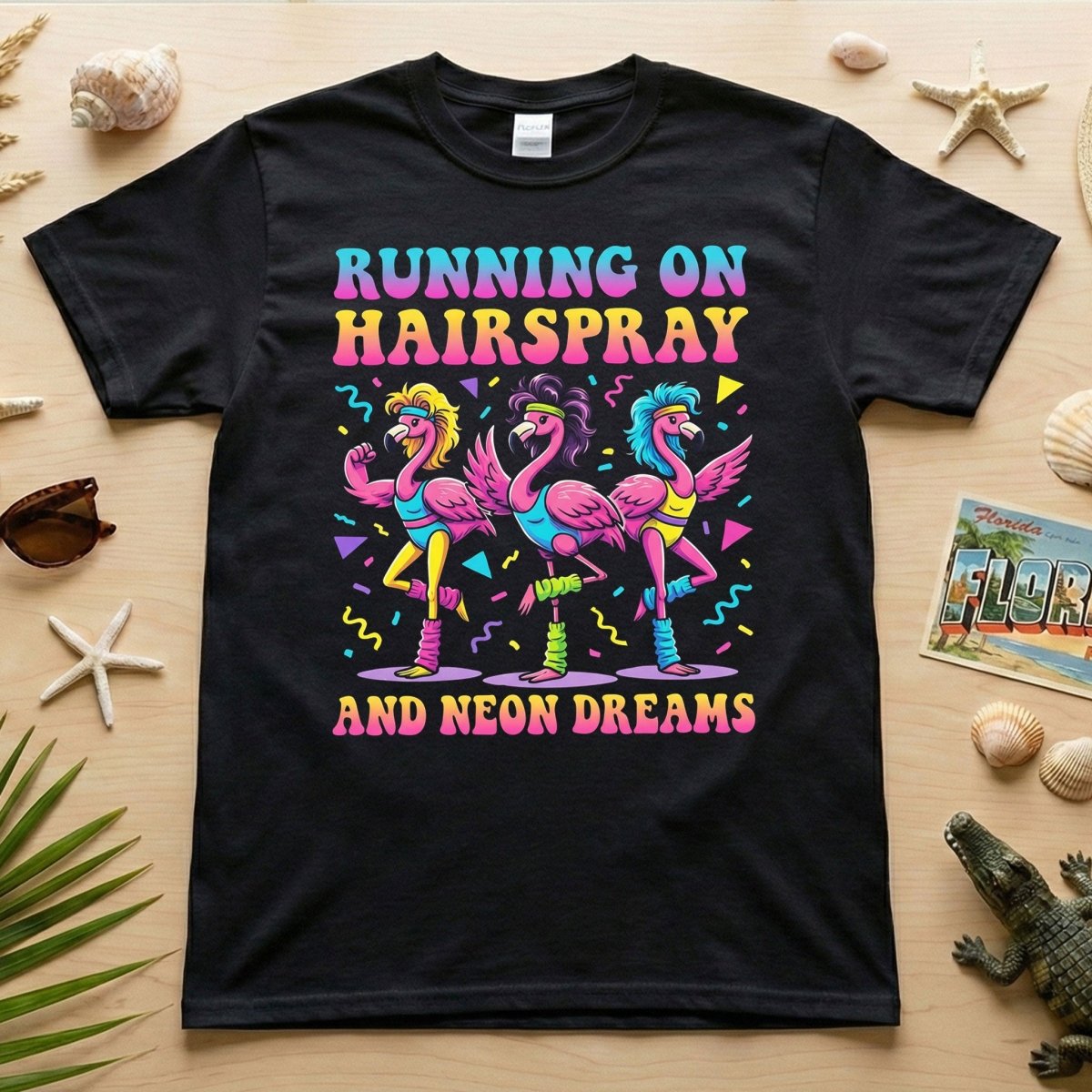 Running On Hairspray And Neon Dreams Funny 80s Aerobics Retro T Shirt Gift For Flamingo Lover