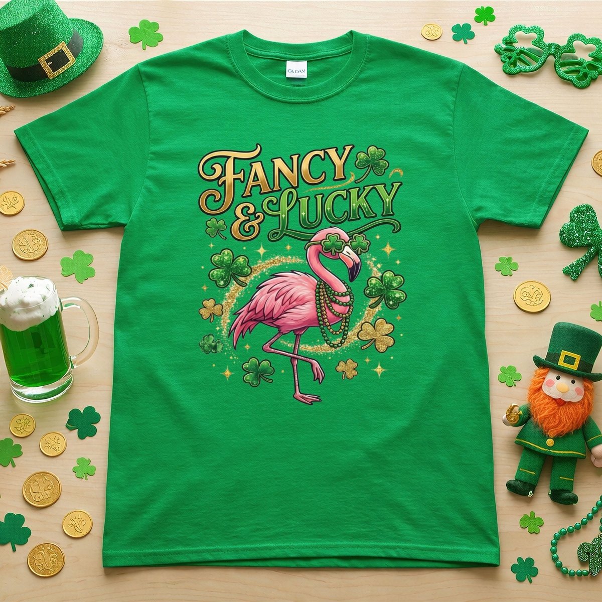 Fancy And Lucky Shamrock Flamingo St Patricks Day T Shirt Irish Party Tee For Women Gift For Women