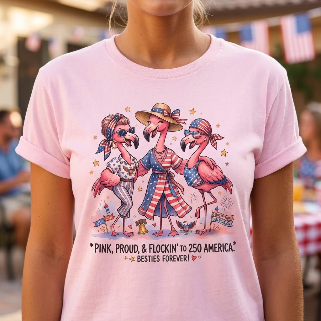 Pink Proud And Flockin To 250 America Besties Forever Shirt T Shirt Gift For Flamingo Lover