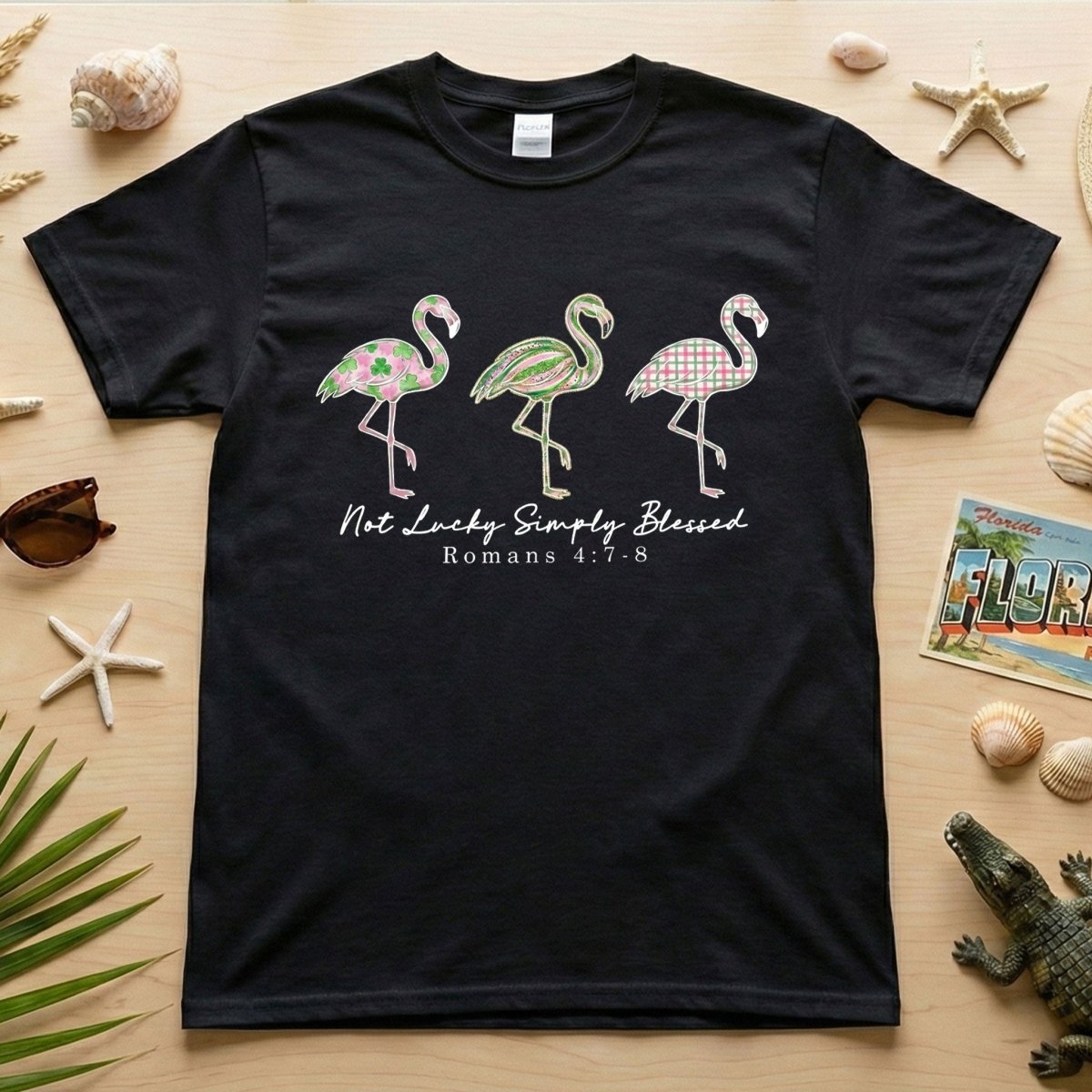 Not Lucky Simply Blessed Flamingo Shirt Christian Faith Romans 4 7 T Shirt Gift For Flamingo Lover