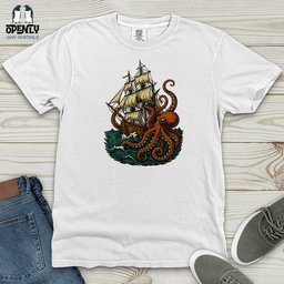 Octopus Attack Pirate Ship Heavy Cotton Comfort Colors Tee Gift For Animal Lover