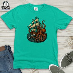 Octopus Attack Pirate Ship Heavy Cotton Comfort Colors Tee Gift For Animal Lover