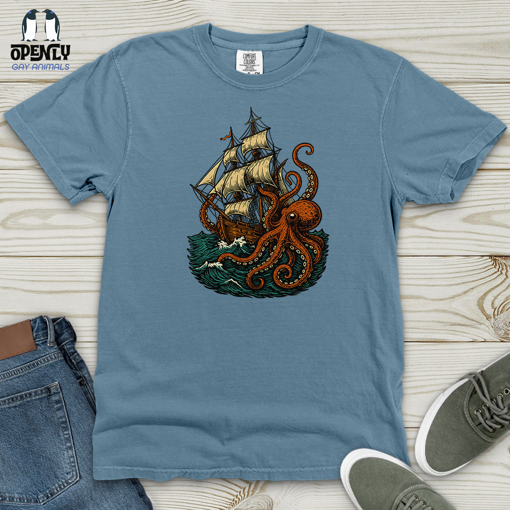 Octopus Attack Pirate Ship Heavy Cotton Comfort Colors Tee Gift For Animal Lover