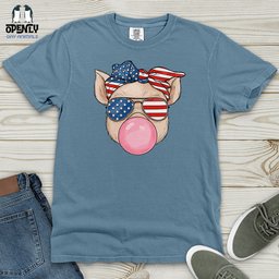 Patriotic Pig Blowing Bubble Gum Heavy Cotton Comfort Colors Tee Gift For Animal Lover