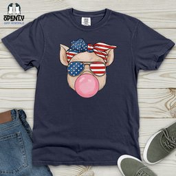 Patriotic Pig Blowing Bubble Gum Heavy Cotton Comfort Colors Tee Gift For Animal Lover