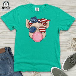 Patriotic Pig Blowing Bubble Gum Heavy Cotton Comfort Colors Tee Gift For Animal Lover