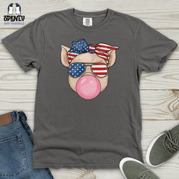 Patriotic Pig Blowing Bubble Gum Heavy Cotton Comfort Colors Tee Gift For Animal Lover