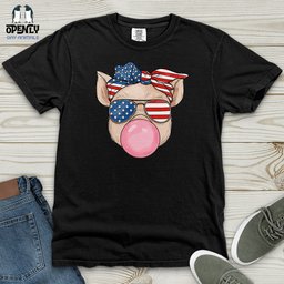 Patriotic Pig Blowing Bubble Gum Heavy Cotton Comfort Colors Tee Gift For Animal Lover