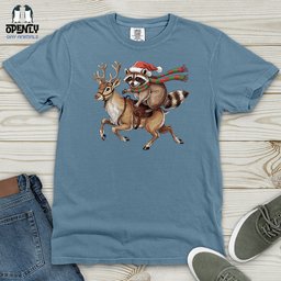 Raccoon Riding Reindeer Heavy Cotton Comfort Colors Tee Gift For Animal Lover