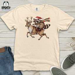 Raccoon Riding Reindeer Heavy Cotton Comfort Colors Tee Gift For Animal Lover