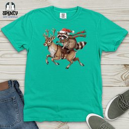 Raccoon Riding Reindeer Heavy Cotton Comfort Colors Tee Gift For Animal Lover