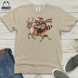 Raccoon Riding Reindeer Heavy Cotton Comfort Colors Tee Gift For Animal Lover