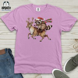 Raccoon Riding Reindeer Heavy Cotton Comfort Colors Tee Gift For Animal Lover