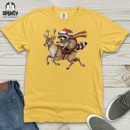 Raccoon Riding Reindeer Heavy Cotton Comfort Colors Tee Gift For Animal Lover
