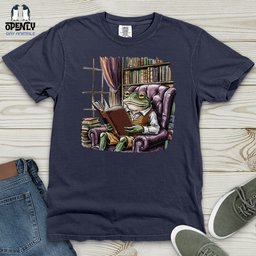 Frog Reading Book Heavy Cotton Comfort Colors Tee Gift For Frog Lover