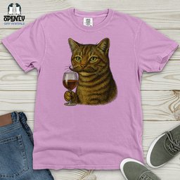 Cat With Wine Glass Heavy Cotton Comfort Colors Tee Gift For Cat Lover