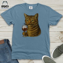 Cat With Wine Glass Heavy Cotton Comfort Colors Tee Gift For Cat Lover