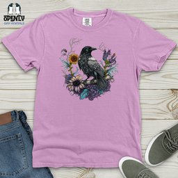 Flower Wreath Raven Heavy Cotton Comfort Colors Tee Gift For Animal Lover