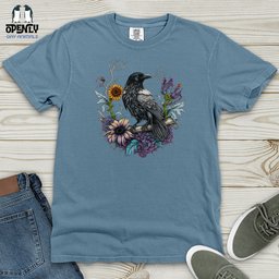 Flower Wreath Raven Heavy Cotton Comfort Colors Tee Gift For Animal Lover