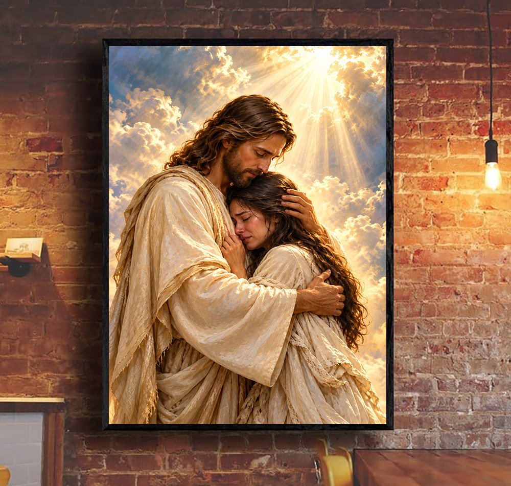 Jesus Embracing Woman Canvas Wall Art, Christian Faith Gift Canvas