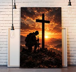 Kneeling Soldier at Cross Canvas Wall Art, Christian Military Veteran Gift Canvas