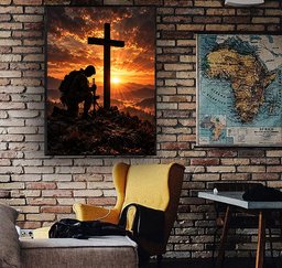 Kneeling Soldier at Cross Canvas Wall Art, Christian Military Veteran Gift Canvas