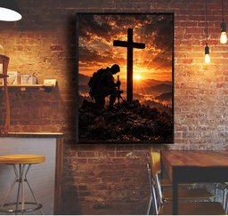 Kneeling Soldier at Cross Canvas Wall Art, Christian Military Veteran Gift Canvas