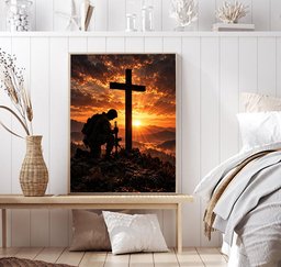 Kneeling Soldier at Cross Canvas Wall Art, Christian Military Veteran Gift Canvas