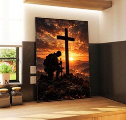 Kneeling Soldier at Cross Canvas Wall Art, Christian Military Veteran Gift Canvas