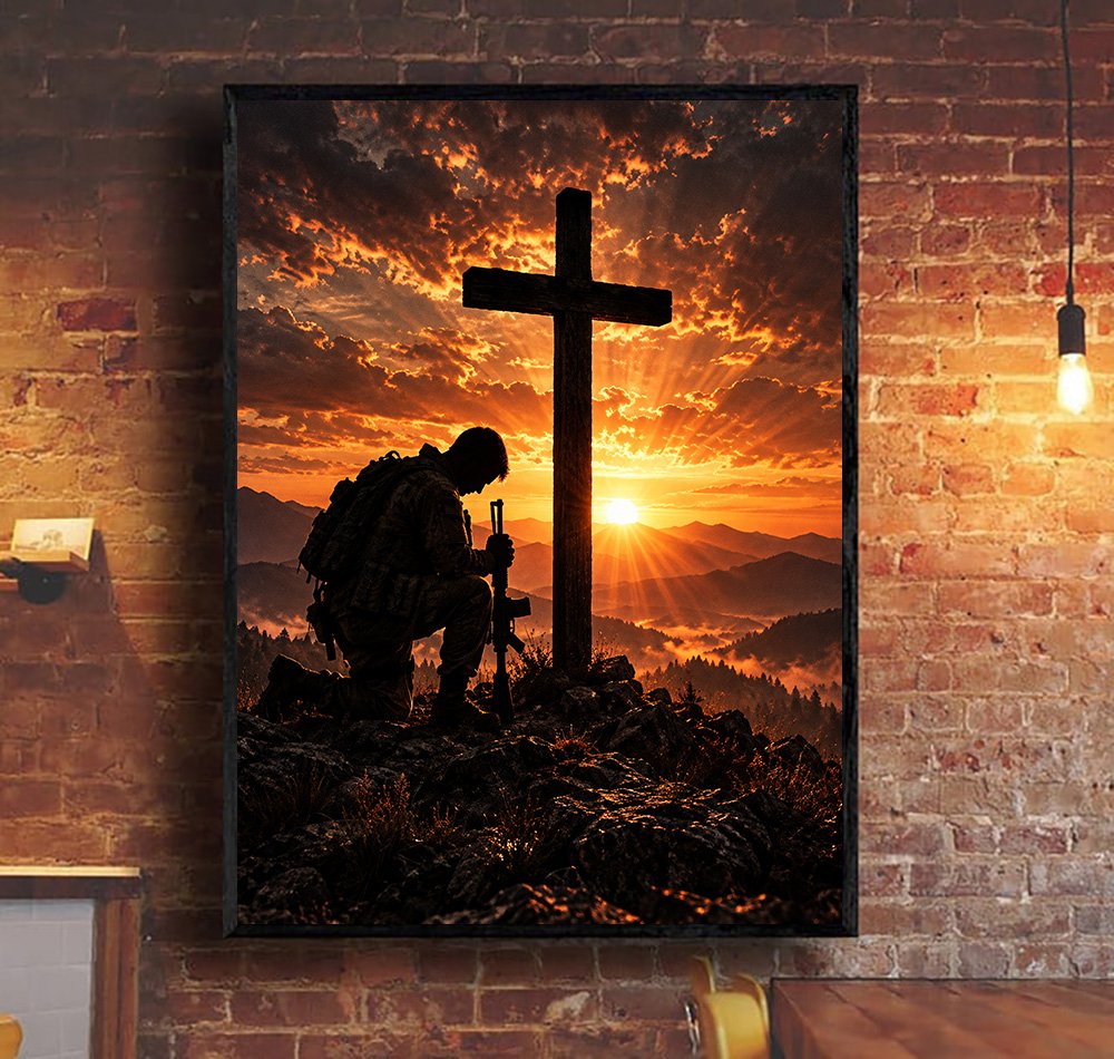 Kneeling Soldier at Cross Canvas Wall Art, Christian Military Veteran Gift Canvas