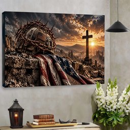 Christian Soldier Helmet and American Flag Canvas Wall Art, Military Veteran Gift Canvas