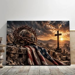 Christian Soldier Helmet and American Flag Canvas Wall Art, Military Veteran Gift Canvas