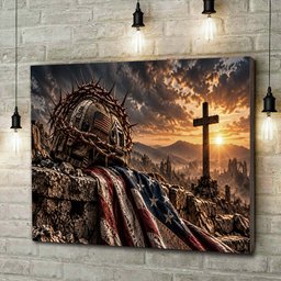 Christian Soldier Helmet and American Flag Canvas Wall Art, Military Veteran Gift Canvas