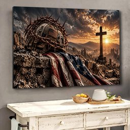 Christian Soldier Helmet and American Flag Canvas Wall Art, Military Veteran Gift Canvas