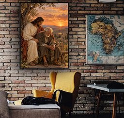 Jesus Comforting Elderly Man Canvas Wall Art, Christian Faith Gift Canvas