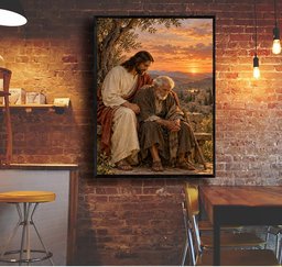Jesus Comforting Elderly Man Canvas Wall Art, Christian Faith Gift Canvas