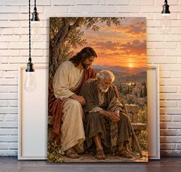 Jesus Comforting Elderly Man Canvas Wall Art, Christian Faith Gift Canvas