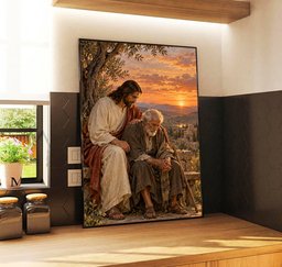 Jesus Comforting Elderly Man Canvas Wall Art, Christian Faith Gift Canvas