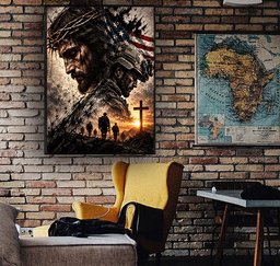 Jesus and Soldiers American Flag Canvas Wall Art, Christian Military Veteran Gift Canvas