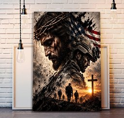Jesus and Soldiers American Flag Canvas Wall Art, Christian Military Veteran Gift Canvas