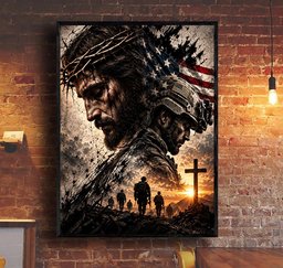 Jesus and Soldiers American Flag Canvas Wall Art, Christian Military Veteran Gift Canvas