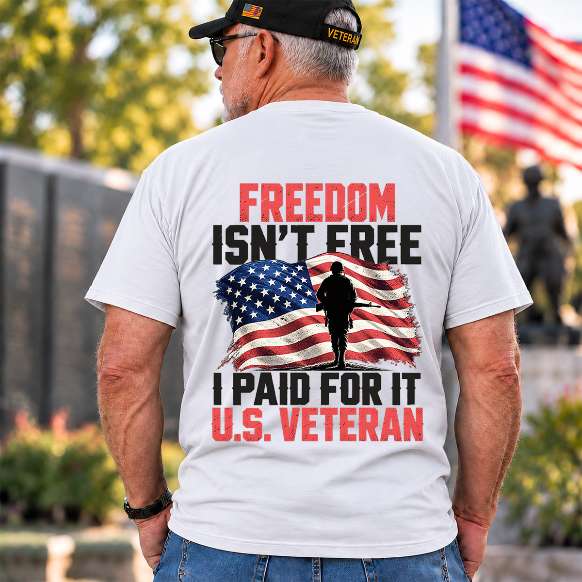 Freedom Isnt Free I Paid For It US Veteran American Flag T Shirt Gift For Men White Back